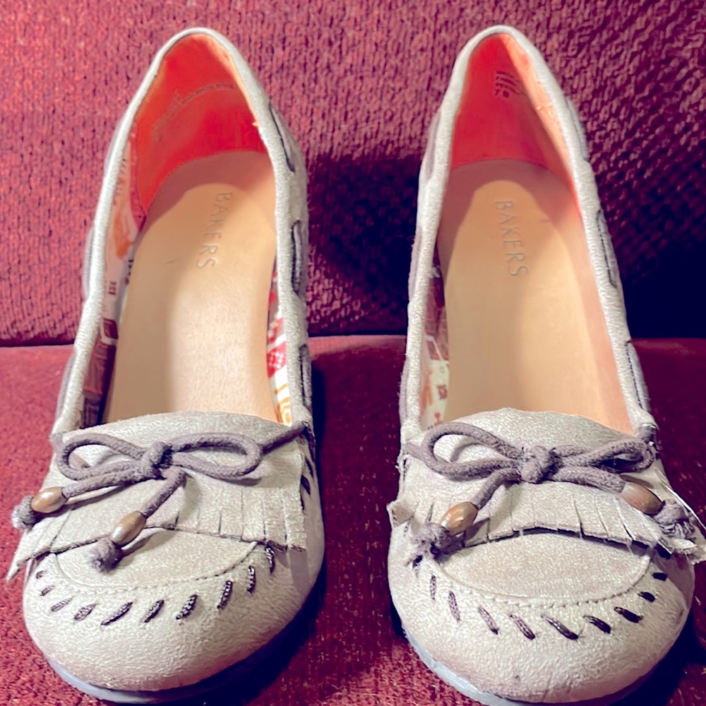 Bakers 3.5” high Faux Suede, Wedge, Moccasins. Gently used.